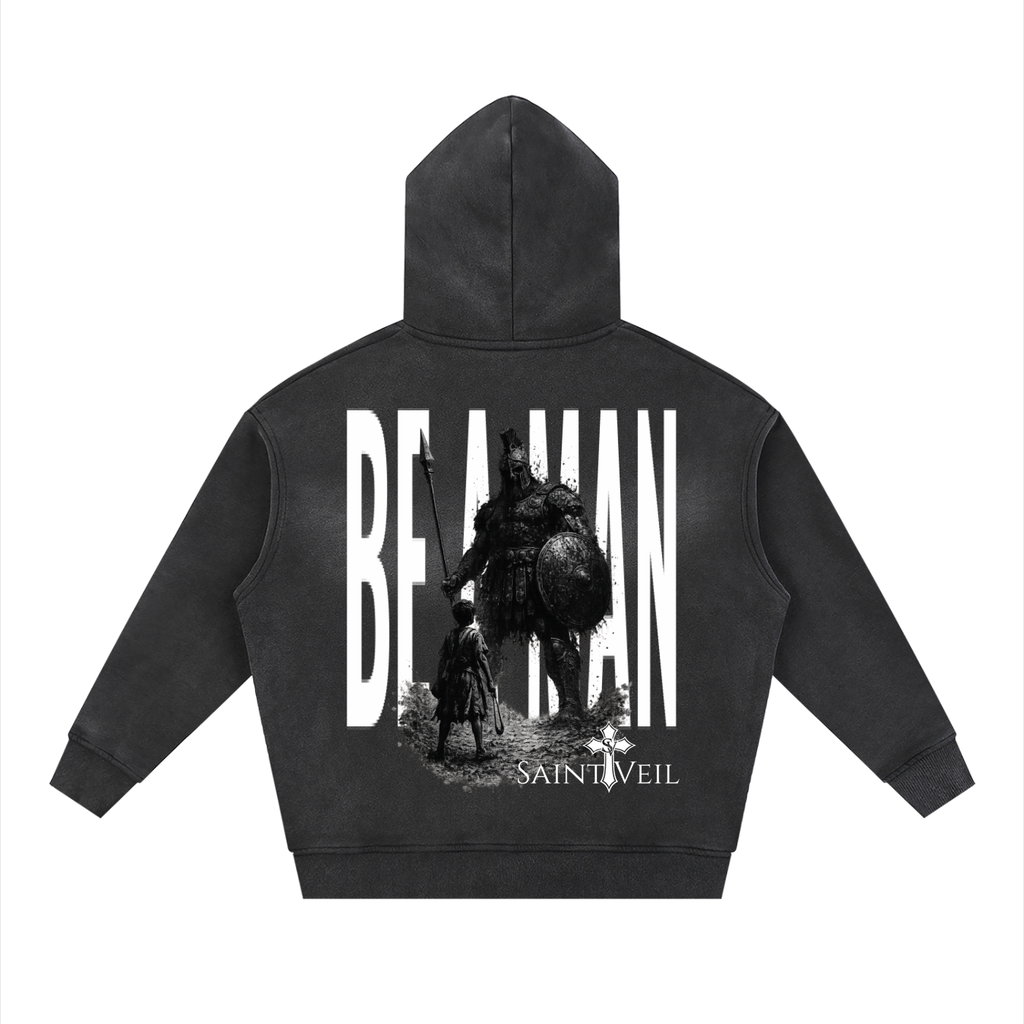 "David VS Goliath - Be A Man" Sunfade Two-way Zipper Boxy Fleece Hoodie